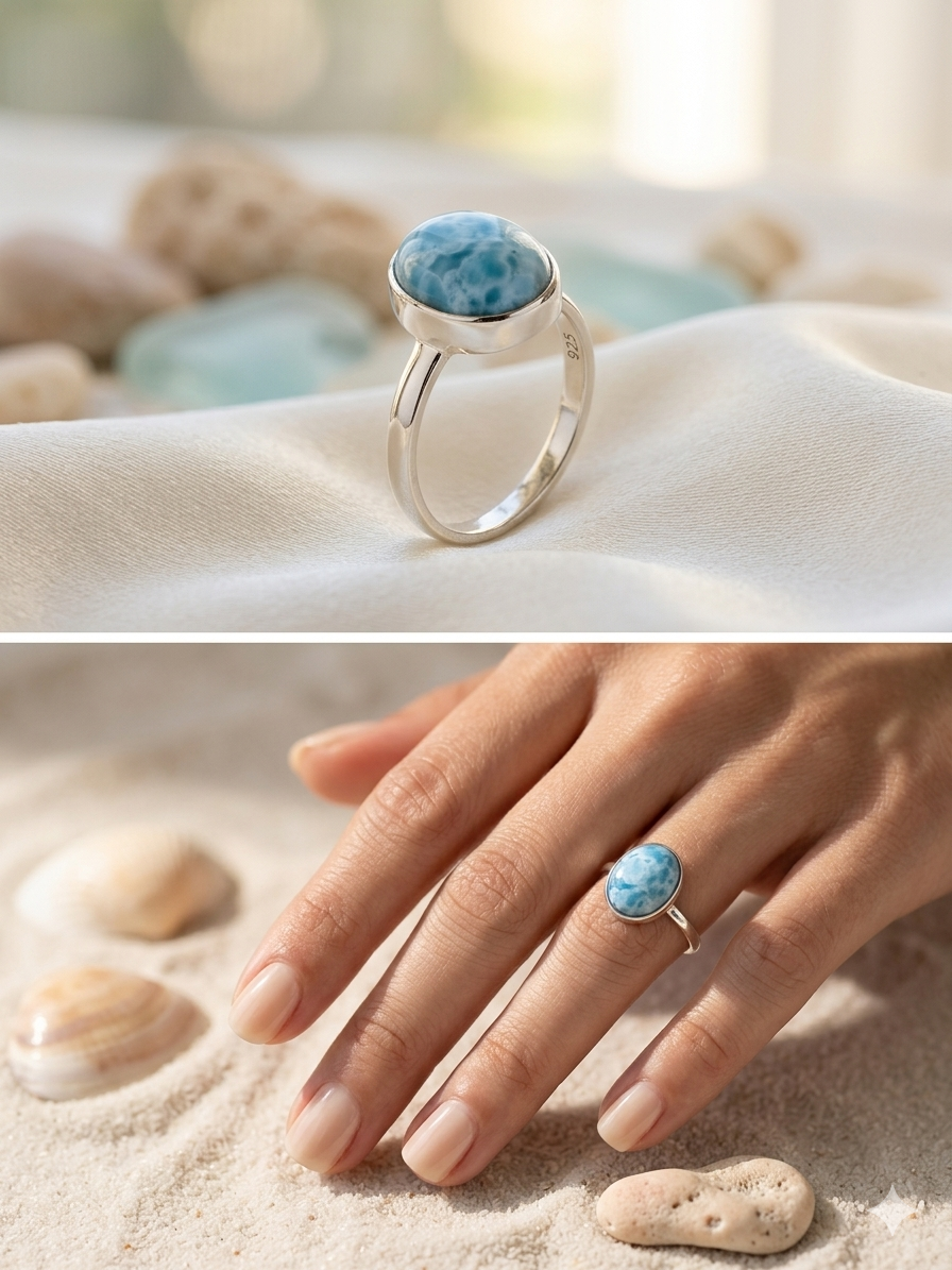 Anillo de plata ajustable con piedra larimar (azul y blanco, patrón de ola)