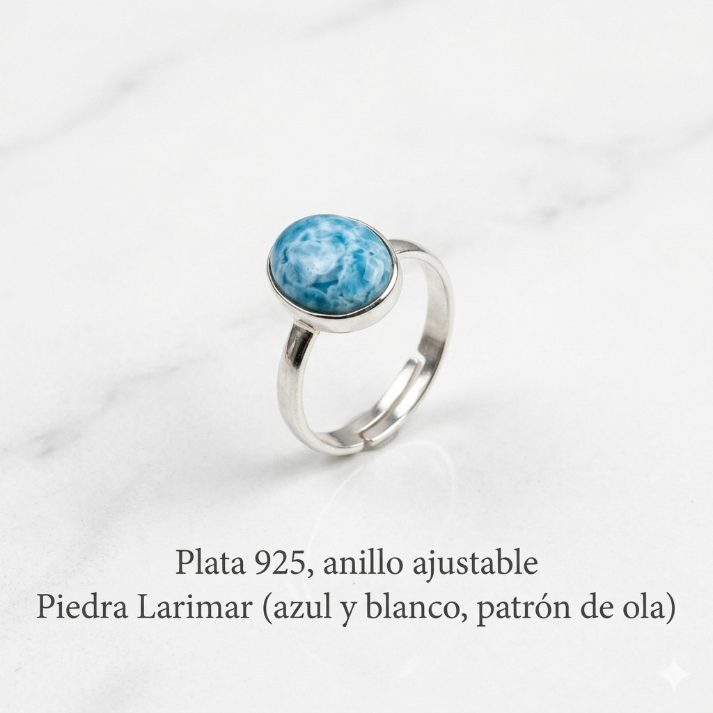 Anillo de plata ajustable con piedra larimar (azul y blanco, patrón de ola)